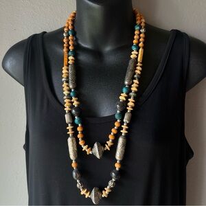 Tibetan Bone Necklace Double Strand With Bone Beads And Metal Bohemian Beads 30”